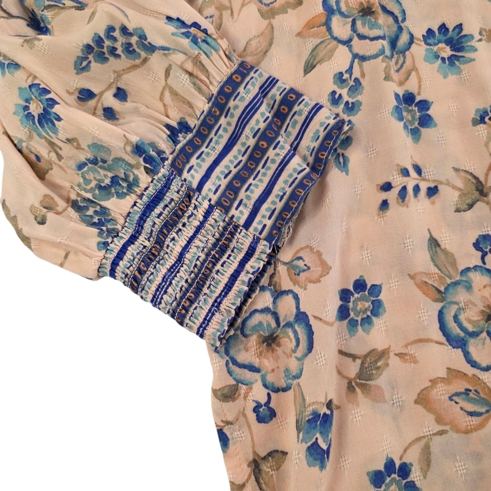 Floral Bohemiam Flowy Peasant Blouse Button Front Pintuck Top Rayon Women XL - Picture 6 of 13